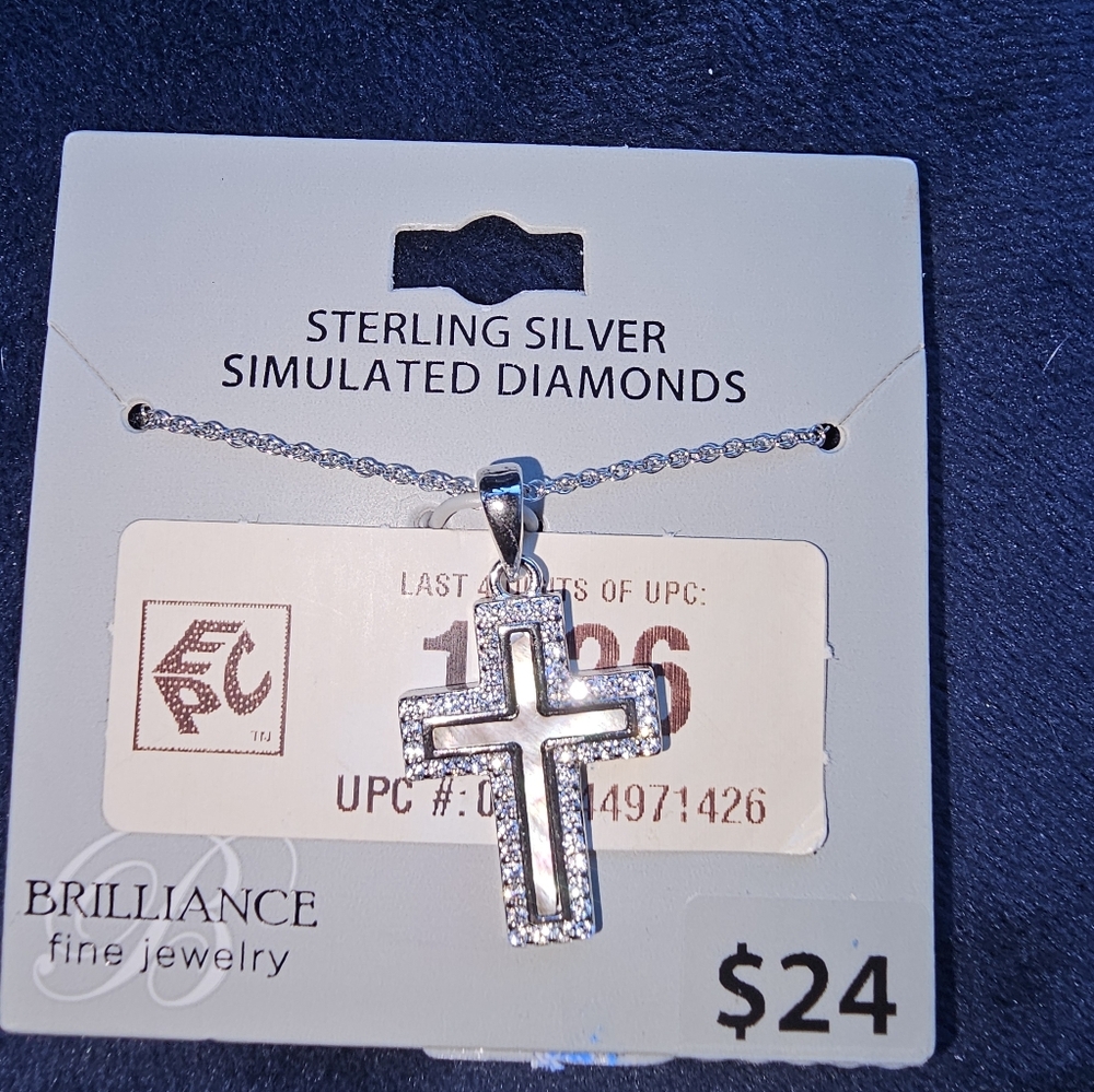 Sterling Silver Cross Necklace with Simulated Diamonds